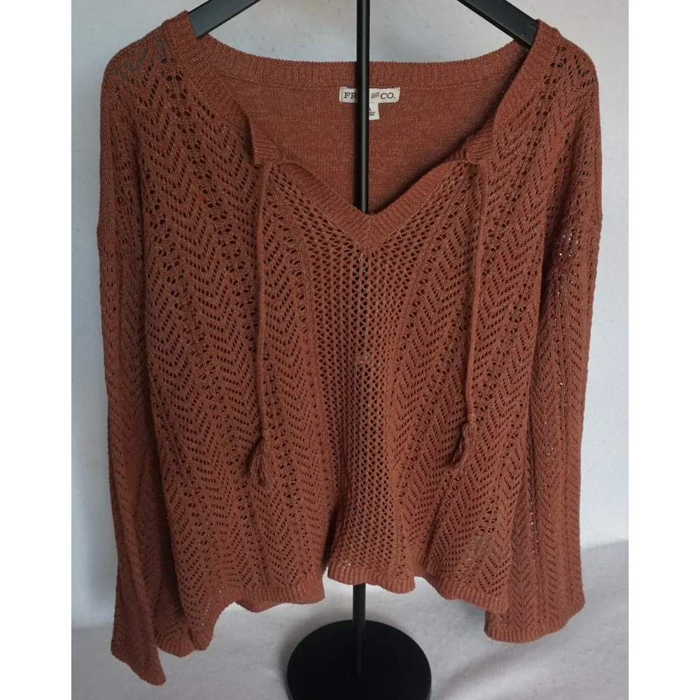 Frye and Co Womens Rust Orange Pointelle Knit V-Neck Tassel Sweater Large